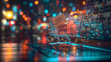 Glowing Shopping Cart with Gift Boxes Against City Night Bokeh