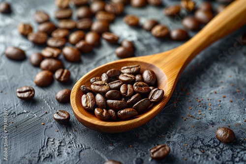 Roasted Coffee Beans on Wooden Spoon. Spoonful of glossy roasted coffee beans lying on a textured surface, ready for grinding and brewing.