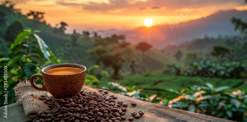 Cup of Coffee with Sunrise Over Plantation. Rustic cup of steaming coffee overlooks a scenic plantation at sunrise, evoking the origin and tradition of coffee cultivation.