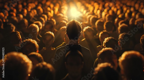 An innovative design showcasing one man shining brightly in a dimly lit crowd photo