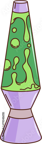 Cartoon retro groovy hippie lantern lamp. Isolated vector lava or magma psychedelic lighting equipment with green luminous, shining floating bubbles. Colorful glass bottle in vintage nostalgic style
