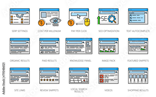 SERP icons, search engine result page, web marketing and internet advertising optimization, line vector. SERP icons o website online information, media content and keyword SEO or webpage pictograms