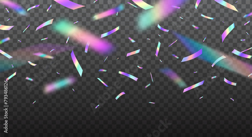 Holographic confetti, falling festive colorful glitters. Vector background with rainbow iridescent overlay texture, holiday foil hologram tinsel and serpentine with bokeh light effect and color glare