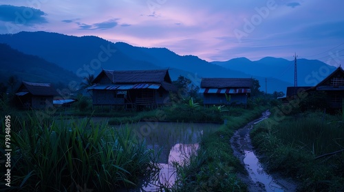 A serene yet stark depiction of a Thai village at dusk, emphasizing the quiet, unspoken divisions within social classes, suited for a powerful documentary photo
