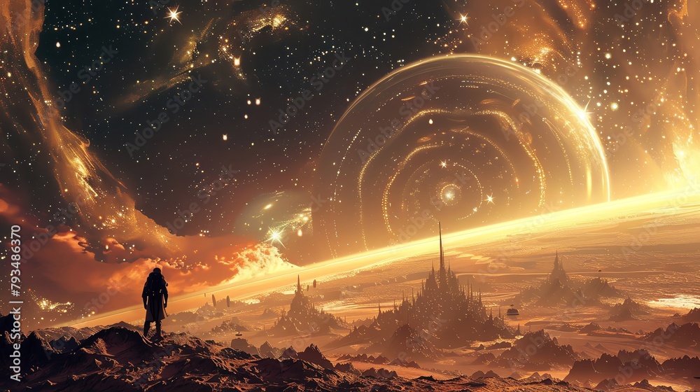 A silent, majestic scene of human and alien diplomats at a grand ...