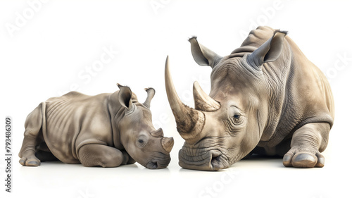 An adult rhinoceros and calf side by side on a white background  exhibiting their bonds.