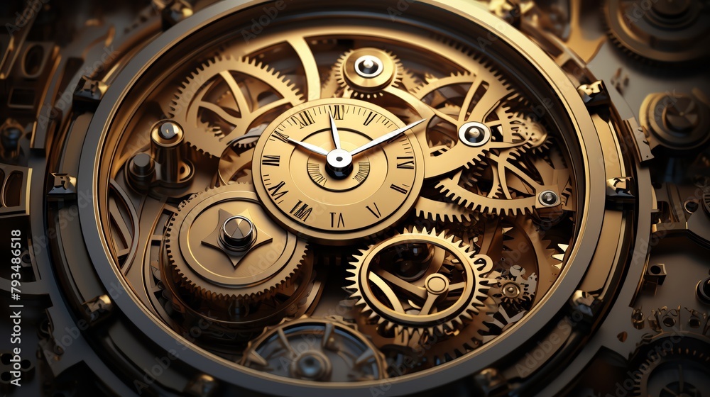 Craft a visually striking image with a mix of realism and creativity Show a unique perspective of gears and a clock in a sleek, modern style Use digital 3D rendering techniques to enhance the intricac