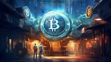 Illustrate the concept of bitcoin in a futuristic setting, blending digital and traditional elements seamlessly Opt for a mix of CG 3D rendering and watercolor techniques to convey the essence of virt
