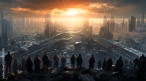 Immerse viewers in a futuristic dystopian scene where chained men break free from restraints above vast cityscapes Utilize CG 3D rendering to bring this panoramic view to life photo