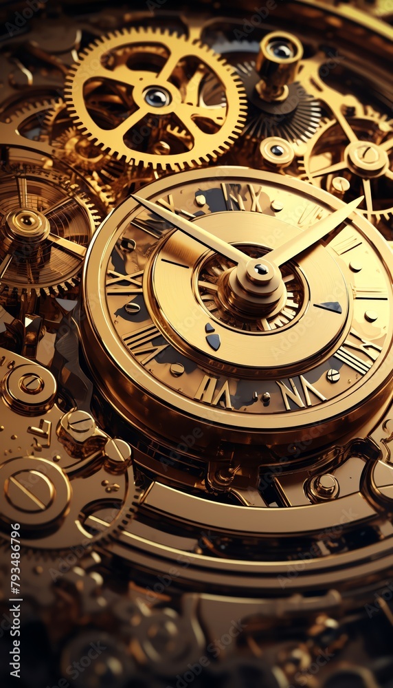 Produce a dynamic digital rendering featuring a tilted angle view of intricate gold machinery gears within a clock Incorporate a sense of movement and precision
