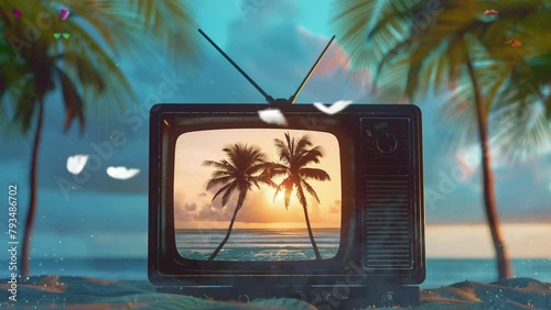 front view of an old tv sizzling with palm trees. seamless looping overlay 4k virtual video animation background
