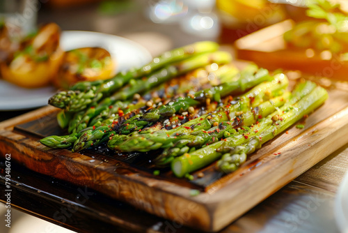 A plate of asparagus is on a wooden cutting board