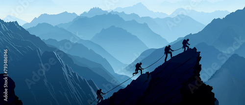 Team of Climbers Ascending Mountain in Silhouette, Teamwork Concept © Mutshino_Artwork