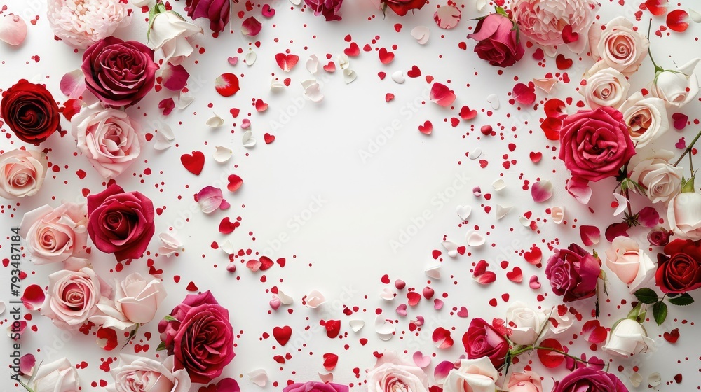 Celebrate Valentine s Day with a captivating floral arrangement set against a round frame of delicate rose blooms scattered confetti on a crisp white backdrop This enchanting Valentine s Da Celebrate Valentine s Day with a captivating floral arrangement set against a round frame of delicate rose blooms scattered confetti on a crisp white backdrop This enchanting Valentine s Da