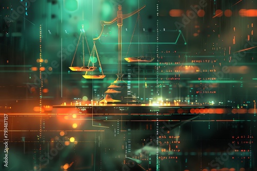 A visually captivating composition showcasing the harmony between legal principles and technological advancements, with a spacious area for additional information or imagery