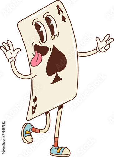 Cartoon retro groovy casino poker card character. Isolated vector Ace of spades personage with a mischievous grin, ready to bring fun to gamble game night. Funny gaming card with big eyes and tongue