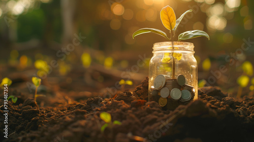 Plant Growing from Coins in Glass Jar on Fertile Soil, Investment Growth Concept