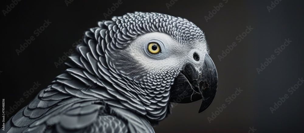 Fototapeta premium A vibrant parrot in a close-up shot, showcasing its colorful feathers and details, set against a dark black background