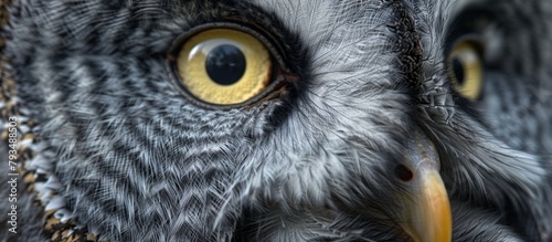 A detailed view of a bird showcasing its vibrant yellow eye and surrounding feathers