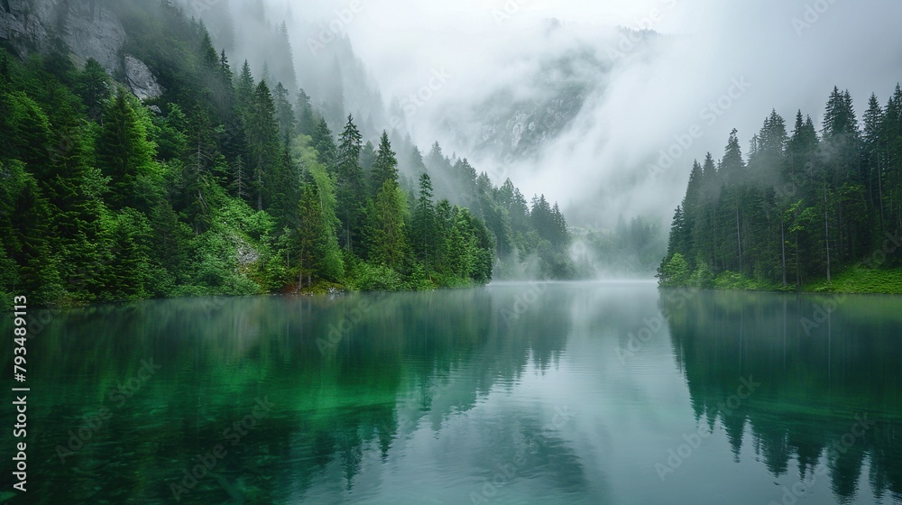 Fog blankets a tranquil lake nestled among trees on a mountain, creating a serene and mystical scene. Generative AI