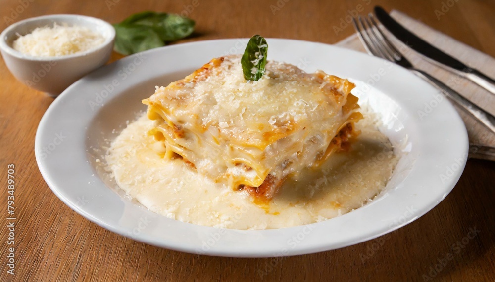 Four Cheese Lasagna on wooden table.
