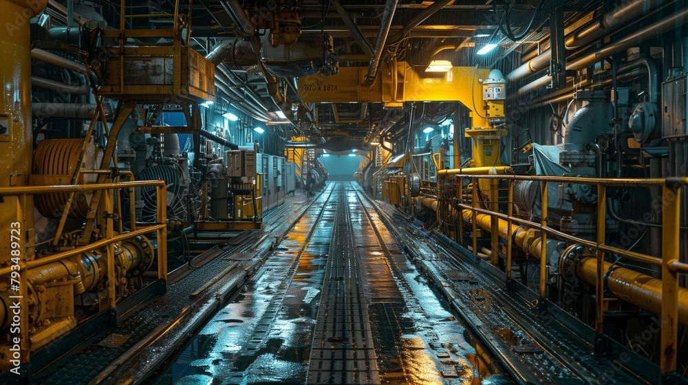 Inside the Industrial Maze of an Oil Rig Platform. Complex interior of an offshore oil rig platform, where machinery and metal structures create a maze-like industrial environment.