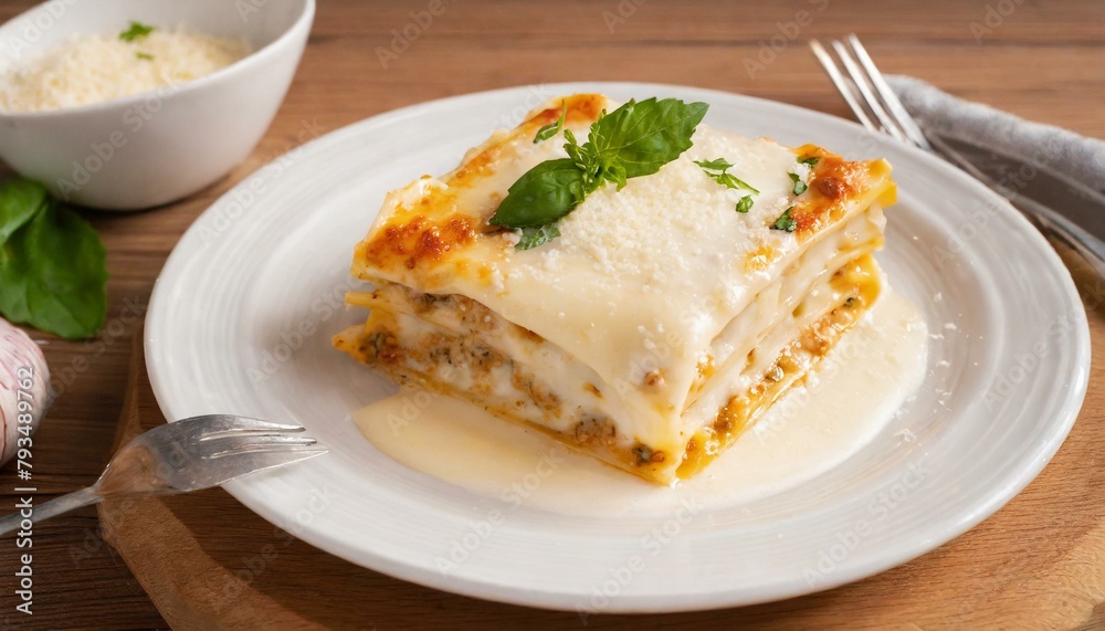 Four Cheese Lasagna on wooden table.
