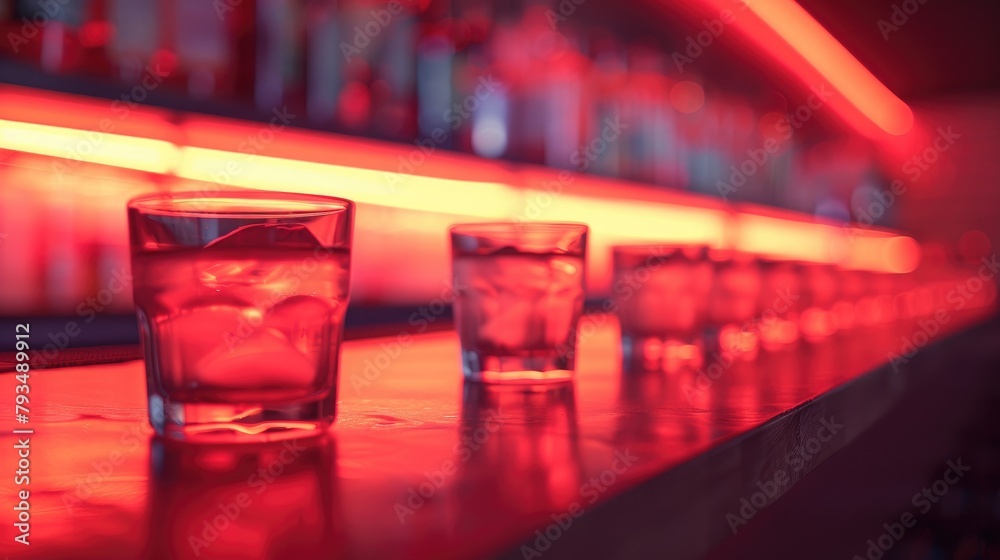 Row of glasses illuminated by a red light
