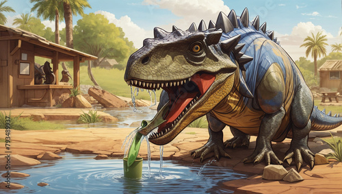 A green dinosaur with blue and yellow stripes is drinking from a river. There is a village in the background. The dinosaur has a long tail and sharp teeth.  