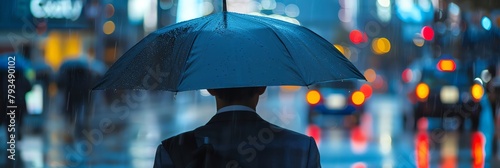 Corporate risk mismanagement illustrated through a business professional in the rain photo