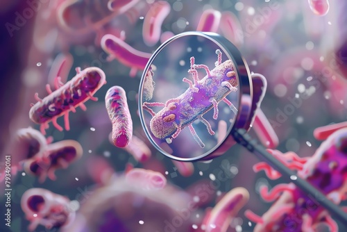 Create a detailed illustration of probiotics thriving under a magnified view, showcasing their unique structure and design photo