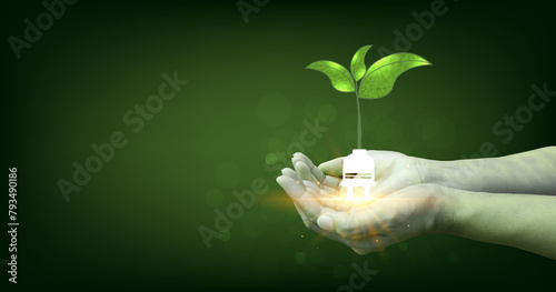 Power plug with Green leaves on a dark green background. Bioenergy vector. Environmentally friendly sources of energy on a green background. Concepts of environmental conservation. © Chor muang