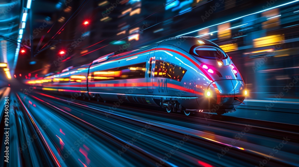 Fototapeta premium High-Speed Train Motion Blur at Night. Illuminated high-speed train passes through a station at night, depicted with motion blur to convey speed.