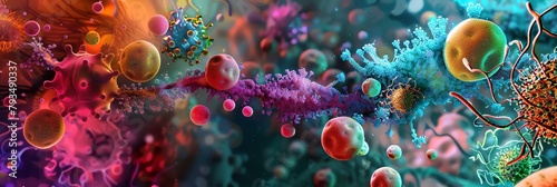 Create a vibrant and colorful backdrop for microscopic microlife within a microbiological setting
