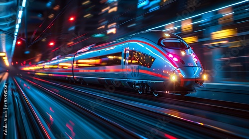 High-Speed Train Motion Blur at Night. Illuminated high-speed train passes through a station at night, depicted with motion blur to convey speed.
