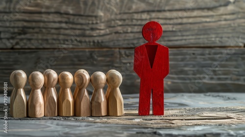Create a visual representation of a red leader businessman addressing his team of wooden figures, embodying strong leadership and effective communication
