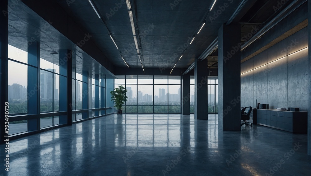 Blue office corridor, concrete floor, loft-style windows, continuous ceiling lights, business and financial design theme, spacious interior concept