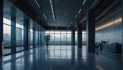 Blue office corridor  concrete floor  loft-style windows  continuous ceiling lights  business and financial design theme  spacious interior concept