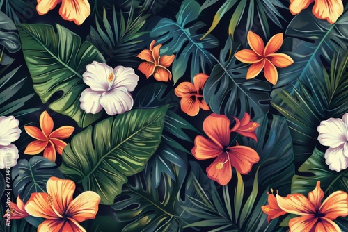 Tropical flowers and leaves seamless pattern with exotic colorful blossoms