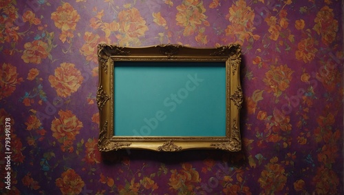 Empty frame hanging on a colorful wall