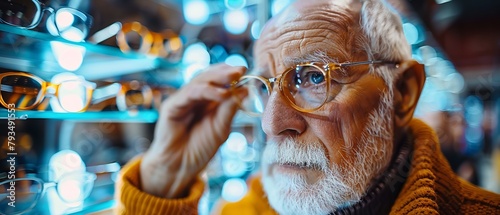 In a nearby optical store, an old man spends time experimenting with distinct spectacles from a variety of shelves with glasses and space, Generative AI.