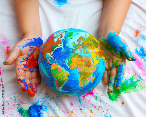 A child's tender hands painting the world with love and care on World Environment Day,