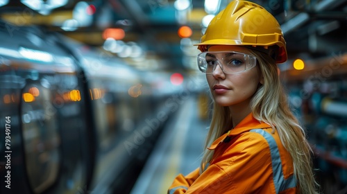 Focused Female Engineer at Train Depot. Focused female engineer in a hard hat and safety glasses stands at a train depot, with the motion of a train passing by in the background. photo