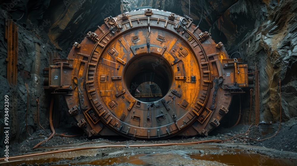 Abandoned Tunnel Boring Machine Underground. Abandoned tunnel boring machine sits idle in a dark, rocky underground excavation site.