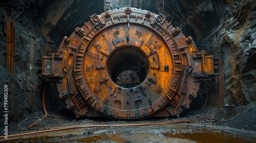 Abandoned Tunnel Boring Machine Underground. Abandoned tunnel boring machine sits idle in a dark, rocky underground excavation site.