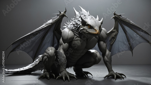 A muscular gray dragon is crouched on the ground. Its wings are folded against its back, and its long tail is curled behind it. The dragon's head is low to the ground, and its eyes are narrowed. Its s photo
