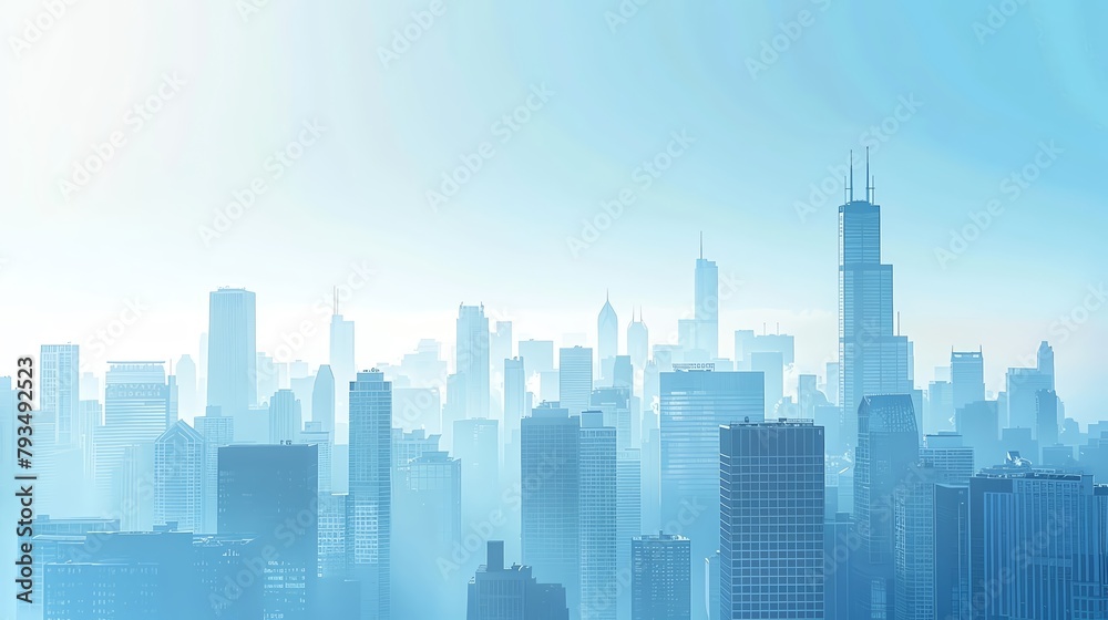 Elegant city skyline with sleek buildings against a soft blue backdrop