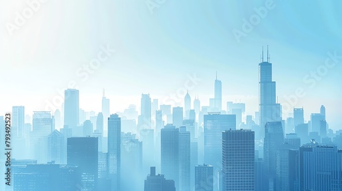 Elegant city skyline with sleek buildings against a soft blue backdrop