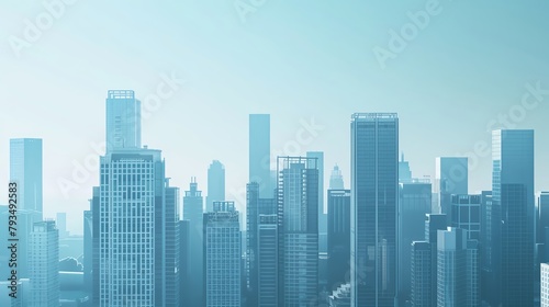 Elegant city skyline with sleek buildings against a soft blue backdrop