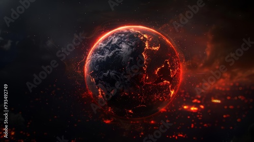 Earth rendered in a hightech holographic display Continents are scorched and cracked, oceans reduced to shimmering mirages Glowing red highlights areas of extreme heat, a stark warning of the conseque